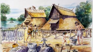 A picture showing a Jomon village with houses, people and various objects, such as baskets and racks where fish are dried.