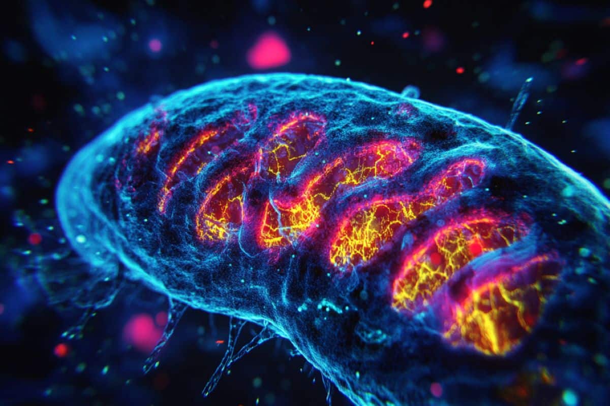 This shows an AI image of mitochondria.